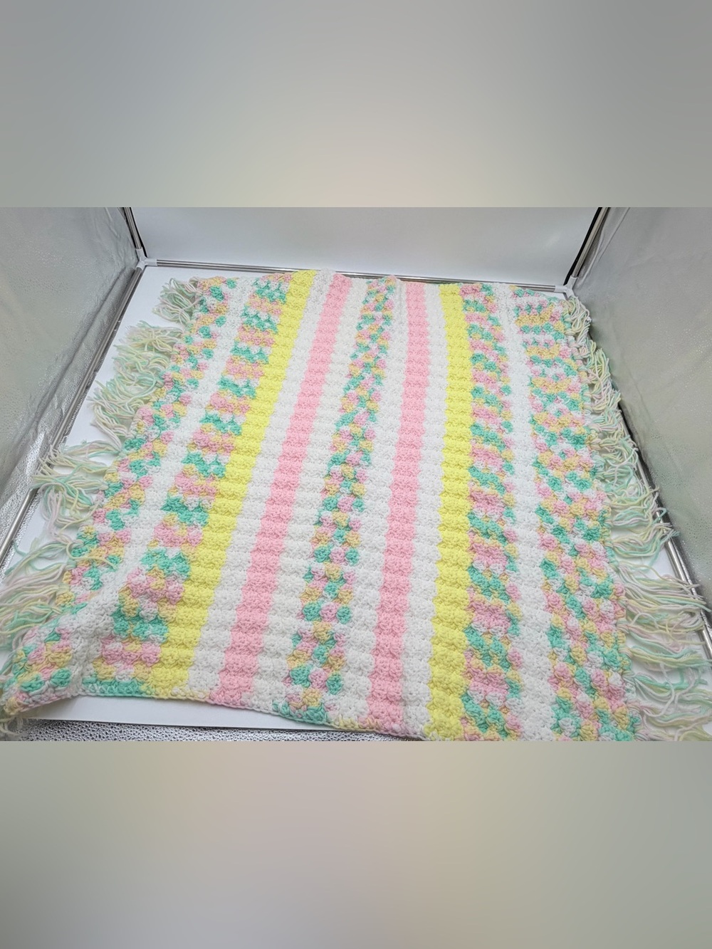 Handmade Crocheted Afghan Multi Colored Baby Blanket Fringe 36x31 Nursery Pastel